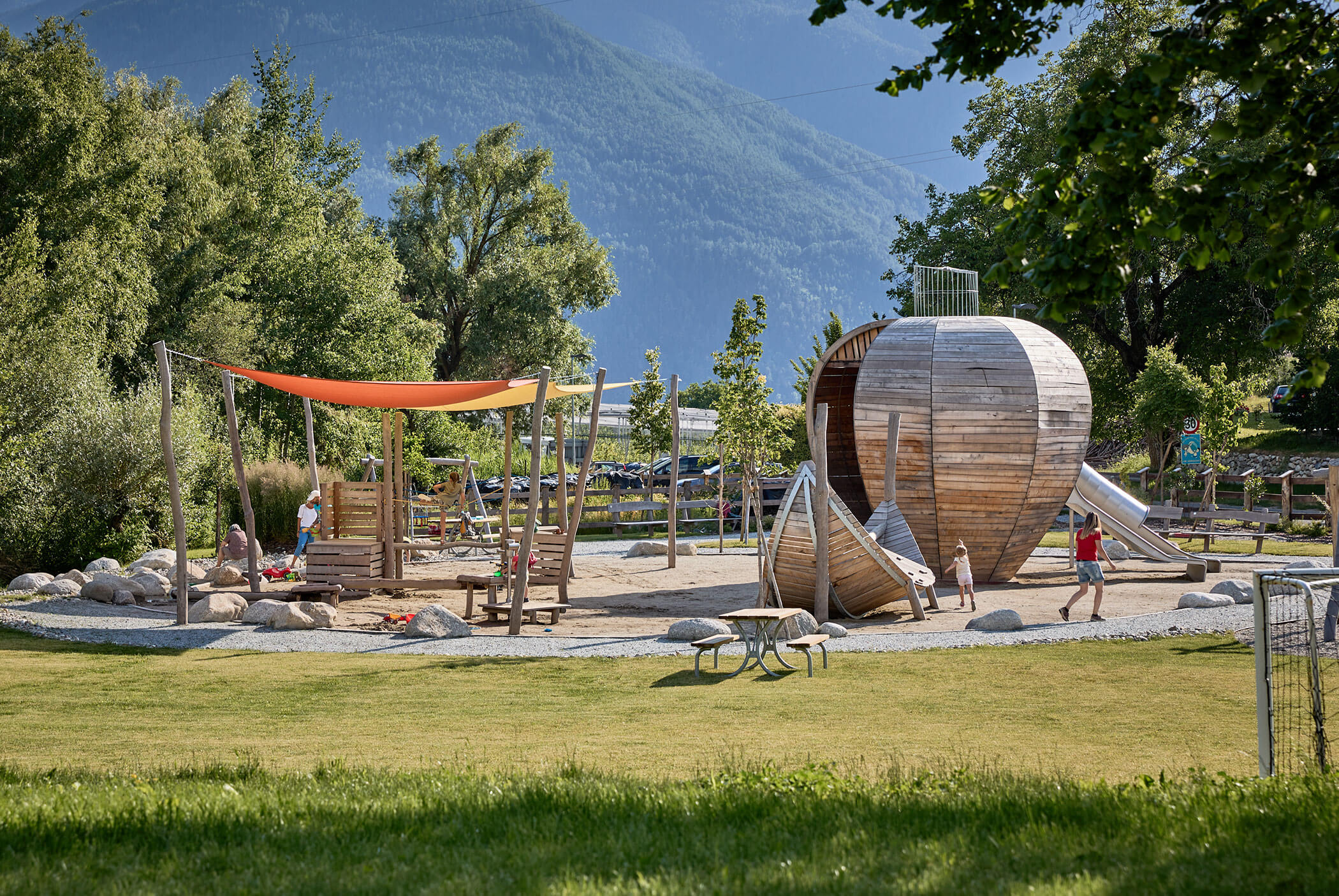 The large playground in Naz-Sciaves with lots of different play equipment - Schirmerhof